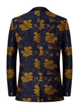 Navy Blue Shawl Lapel Floral Party Tuxedo Jacket