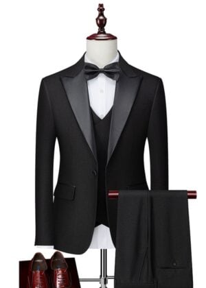 Men's 3 pc Black Peak Lapel 1 button Tuxedo Set for Formal Events