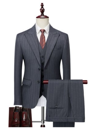 Men's Dark Grey 3-Piece Peak Lapel Pinstripe Business Suit with Vest & Pant