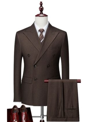 Men's 2-Piece Coffee Double Breasted 3-Button Peak Lapel Suit for Business Formal Events