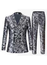 Men's 3 button Double-Breasted 2-Piece Silver Floral Pattern Suit