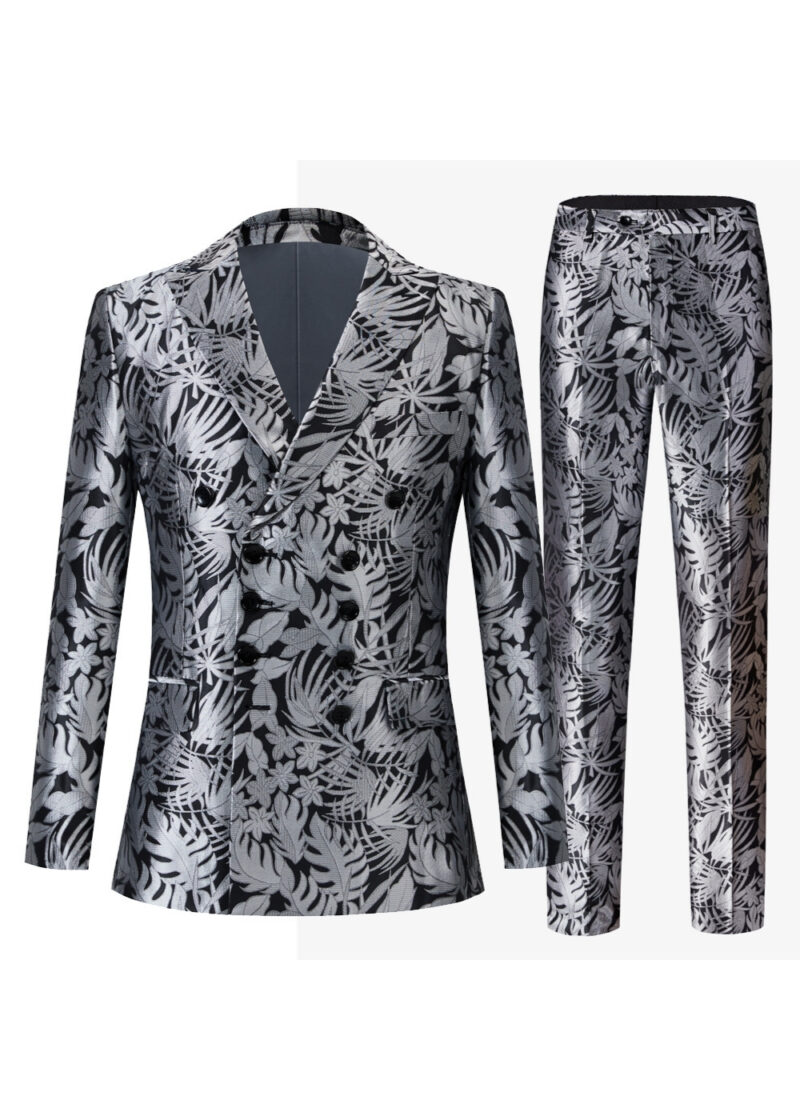 Men's 3 button Double-Breasted 2-Piece Silver Floral Pattern Suit Men's 3 button Double-Breasted 2-Piece Silver Floral Pattern Suit