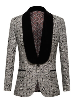 Men's 2-Piece Grey Vintage Print Shawl Lapel Suit