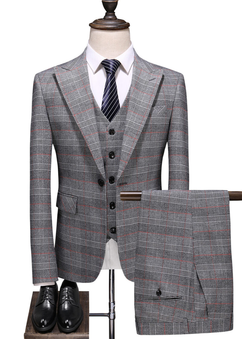 Men's Grey 3-Piece Glen Plaid Notch Lapel Suit Men's Grey 3-Piece Glen Plaid Notch Lapel Suit