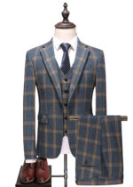 Men's Classic Business Plaid Suit with Vest & Pant in Blue & Yellow