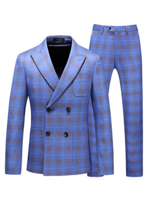 Men's 3-Piece Double Breasted Blue Windowpane Plaid Suit