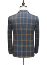 Men's Classic Business Plaid Suit with Vest & Pant in Blue & Yellow