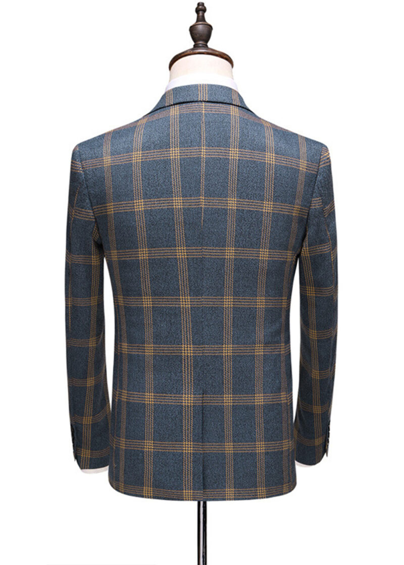 Men's Classic Business Plaid Suit with Vest & Pant in Blue & Yellow