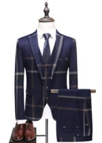 Men's 1 Button Notch Label Plaid Vested Suit