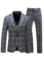 Men's Classic Business Plaid Suit with Vest & Pant in Blue & Yellow