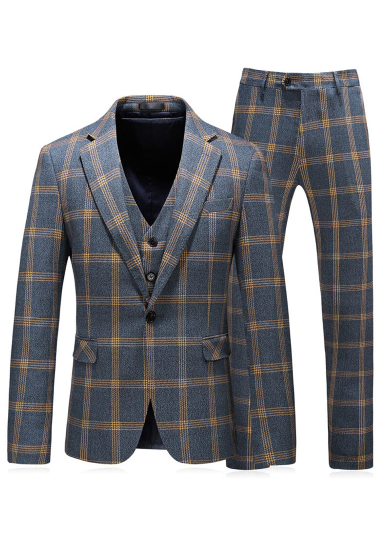 Men's Classic Business Plaid Suit with Vest & Pant in Blue & Yellow