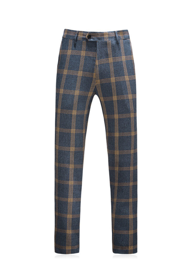 Men's Classic Business Plaid Suit with Vest & Pant in Blue & Yellow