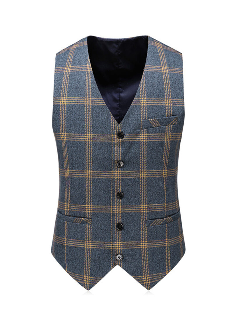 Men's Classic Business Plaid Suit with Vest & Pant in Blue & Yellow